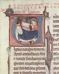 Ms.838 fol.55 Initiales historiées U et I représentant la Nativité et l