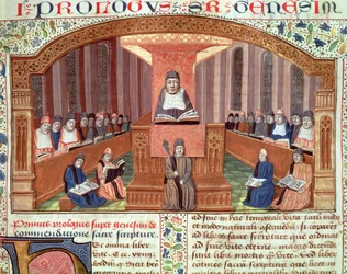 Ms 129 f.32 Une leçon de théologie à la Sorbonne, des Postilles sur le Pentateuque, illustration du texte écrit par Nicolas de Lyre