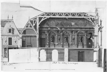 Ms 130736 Coupe transversale nord-sud du Grand Salon et de la Salle de Diane du Château de Versailles construit par Louis Le Vau (1612-70)