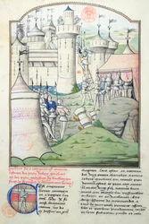 Capture de Jérusalem en 1099 par Godefroy de Bouillon et les Croisés pendant la Première Croisade, miniature de Fleur des Histoires