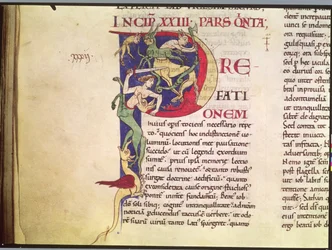 Initiale historiée P représentant des centaures, des dragons et des monstres, du Moralia in Job par le pape Grégoire le Grand