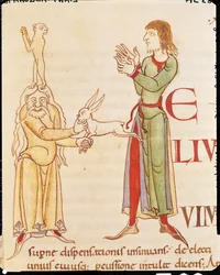 Initiale H en forme de deux conjurateurs, de Moralia in Job par le pape Grégoire le Grand, École bourguignonne