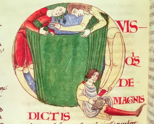 Initiale historiée Q représentant des drapiers, de Moralia in Job par le pape Grégoire le Grand, École bourguignonne