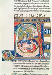 Ms 1 fol.185v Initiale historiée A représentant Daniel dans la fosse aux lions, de la Bible de Souvigny