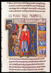 Initiale historiée U représentant Joël, de la Bible de Souvigny