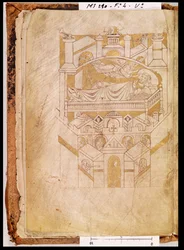 Ms 210 fol.4v La Vision de Saint Aubert, du Cartulaire de Mont-Saint-Michel, 1150s
