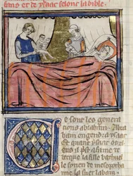 Ms 22 fol.30 La Naissance des jumeaux Jacob et Ésaü, miniature de la Bible Historiale de Guiart des Moulins