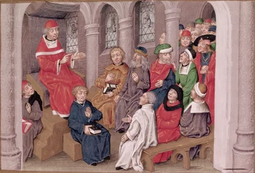 Ms 230 fol.25 Jean de Gerson (1363-1429) prêchant la Passion après le dîner à l
