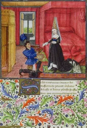 Le scribe dédiant La Teseida à une jeune femme inconnue, de La Teseida, par Giovanni Boccaccio (1313-75) 1340-41