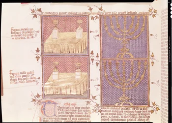 Ms 290 Tome 1 f.89v Table des offrandes et la menorah, des Postilles sur la Bible par Nicolas de Lyre
