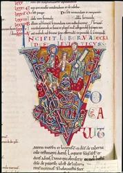 Ms 2 fol.41v Initiale historiée V représentant une scène du Livre du Lévitique, de la Bible de Saint-Bénigne