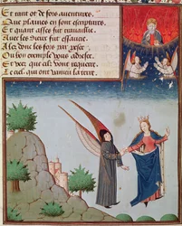Ms 3045 fol.94r Dame Philosophie conduit Boèce en vol dans le ciel sur les ailes qu