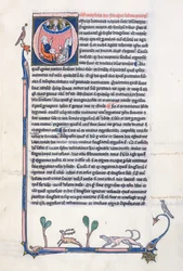 Ms 3458, initiale historiée O représentant le philosophe grec ancien Aristote, enseignant un groupe de clercs d