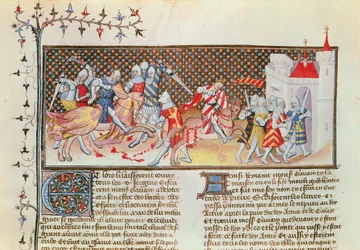 Ms 3479 t.1 fol.558 Scène de chevaliers combattant, du Livre de Messire Lancelot du Lac