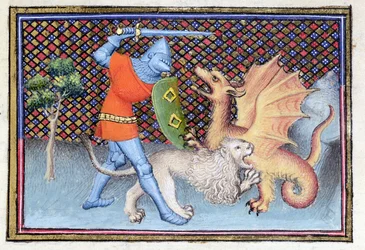 Ms 3480 Yvain, le chevalier au lion, combattant un dragon, miniature du Roman de Lancelot, détail