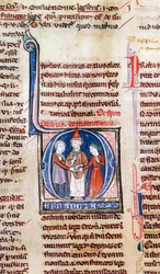 Ms 365 fol.318v Initiale historiée D représentant un mariage, des Décrétales de Grégoire IX