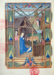 Ms 473 La Nativité aux paons, miniature des Heures de Charles de France, vers 1466-69
