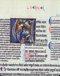 Ms 48 fol.95v Initiale historiée V représentant la lapidation du prophète Jérémie