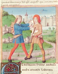 Ms 493 f.17 Un échange de cadeaux, des Bucoliques de Virgile avec un commentaire de Servius, 1469