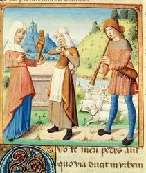 Ms 493 fol.15v Le berger Menalcas et son amour non partagé, des Bucoliques de Virgile avec un commentaire de Servius, 1469