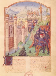 Ms 493 fol.1r Les Œuvres de Virgile avec Commentaire de Servius, Les Bucoliques, Roi assis sur son trône entouré de ses gardes devant une ville fortifiée, France, 1469