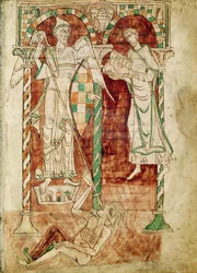 Le copiste présente son livre à Saint Michel, des Recognitiones de Saint Clément