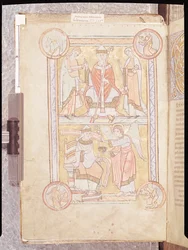 Ms 512 fol.4v Saint Grégoire le Grand (c.540-604) entre son père, Gordien, et sa mère, Silvia et un noyé en tant qu