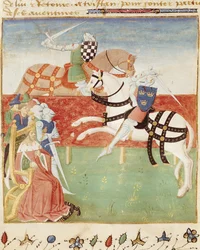 Ms 527 fol.40v Confrontation de deux chevaliers devant le roi, du Roman du Saint Graal