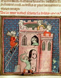 Ms 59 fol.17r La construction de la tour de Babel, de la Bible Historiale par Guiart des Moulins