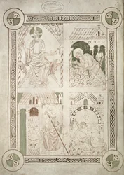 Ms 616 f.1v Saint Augustin aux pieds du Christ et le scribe Alardus offrant son livre à Saint Vaast, frontispice des Confessions de Saint Augustin
