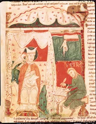 Ms 70 f.57 Le Pape Grégoire Ier le Grand (c.540-604) dictant le Livre de Job à son scribe Pierre, extrait de Moralia in Job du Pape Grégoire le Grand