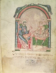 Ms 90 Saint Augustin argumentant avec Faustus en présence de leurs élèves, frontispice de Saint Augustin Contre Faustus