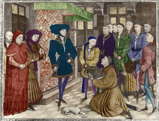Ms 9242 Chroniques du Hainaut, Philippe le Bon, duc de Bourgogne, présenté avec la traduction des Chroniques par Jean Vauquelin, Charles le Téméraire enfant à sa gauche (coloration ultérieure)