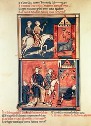 Une chasse au cerf et un roi, peut-être Dagobert I (632-39) sur son trône, de la Vie et des Miracles de Saint Denis