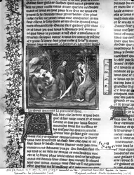 Ms Fr 118 fol.219v Comment Lancelot a embrassé Guenièvre pour la première fois, du Livre de Messire Lancelot du Lac