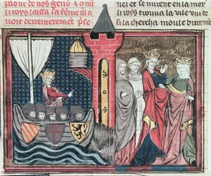 Baldwin I traversant le Jourdain et renonçant à sa femme, du Roman de Godefroi de Bouillon, 1337