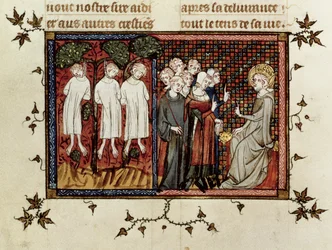 Saint Louis prononçant le jugement et condamnant Enguerrand de Coucy (1228-1311) pour avoir pendu trois jeunes nobles, de la Vie et Miracles de Saint Louis, c.1330-40