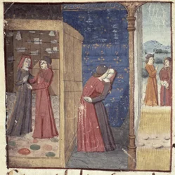 Ms Hunter 252 f.27v Le baiser, tiré des Cent Nouvelles Nouvelles, 1462