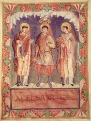 Ms Lat 1141 fol.2v Le couronnement de Charles II (823-877) avec les archevêques de Reims et de Trèves, du Sacramentaire de Metz