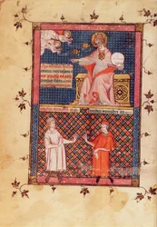 Ms Lat 14023 fol.1v Dieu créant la médecine et donnant la connaissance aux médecins, du Canon de la Médecine par Avicenne (Ibn Sina) (980-1037) traduit par Gérard de Crémone (1114-1187) vers 1320