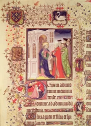 Ms Lat 919 fol.96 Jean de France, Duc de Berry conduit par Saint Pierre aux Portes du Ciel avec une initiale historiée `D de Saint Pierre et Jean de Berry en prière, des Grandes Heures du Duc de Berry