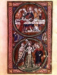 Ms n/a Lat 1392 Fol.3 Le festin de noces à Cana et le baptême du Christ, détail du 