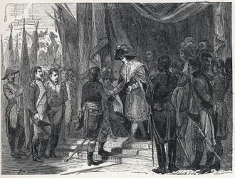 Napoléon Bonaparte (1769-1821) remet le traité de Campoformio aux membres du Directoire le 10 décembre 1797. Ce traité entre la France et l