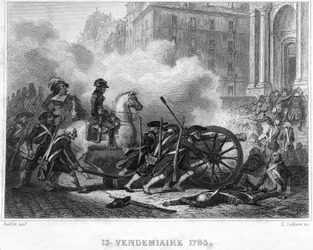 Napoléon écrasant la rébellion royaliste - Napoléon Bonaparte (à cheval) commandant les troupes révolutionnaires dans les combats de rue le 13 Vendémiaire (5 octobre) - 13 Vendémiaire 1795 (insurrection royaliste du 5 octobre 1795)