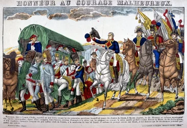 Napoléon Ier enlève son chapeau devant un convoi de blessés et s