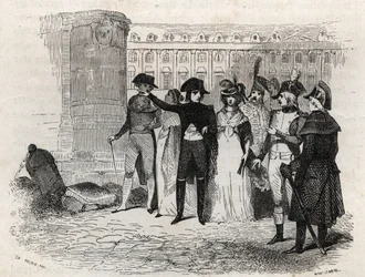 Napoléon se promenant avec Madame Tallien, née Thérèse Cabarrus, princesse de Caraman, princesse de Caraman Chimay (1773-1835) place Vendôme à Paris - gravure dans « Les rues de Paris ». Paris ancien et moderne : origines, histoire, monuments, costumes, mœ