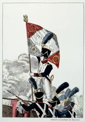 Armée napoléonienne : Infanterie de ligne. Sergent-major plantant son aigle sur une terreur qui a été drastiquement anéantie. Gravure de Martinet (19ème siècle) 1808. Malmaison, Musée du Château.