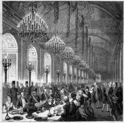 Nasir Al-Din (Nasser al-Din) (1831-1896) Shah de Perse à Versailles. Banquet dans la galerie des glaces. à sa gauche Albert, Duc de Broglie (1821-1901).