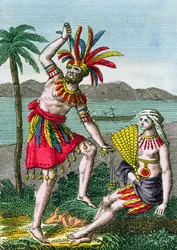 Habitants indigènes des îles Marquises, illustration de Histoire des Voyages Autour du Monde par J. Dufay, publié par Courvalet & Co., Paris, 1826 (gravure en couleur)