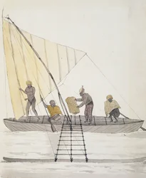 Autochtones des Îles Basses et canoë à voile équilibrée, aquarelle de Jules-Louis Lejeune, du Voyage de Duperrey
